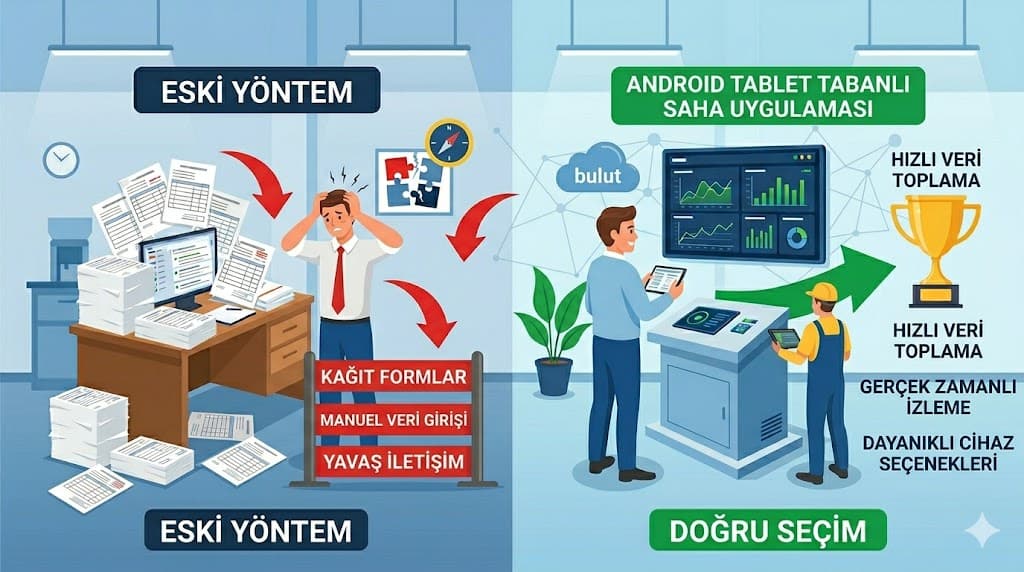 Android tablet saha uygulamaları üretim ve lojistik için offline mimari barkod entegrasyonu cihaz güvenliği