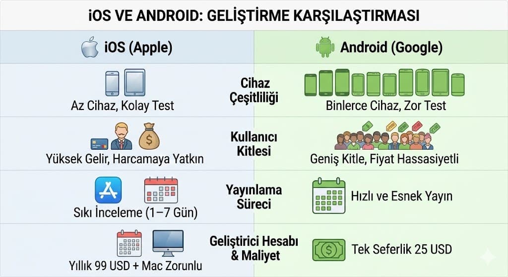 iOS ve Android mobil uygulama platform seçimi karşılaştırma tablosu
