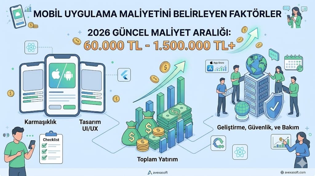 iOS Android mobil uygulama geliştirme maliyeti 2026 platform ve özellik bazlı fiyat rehberi