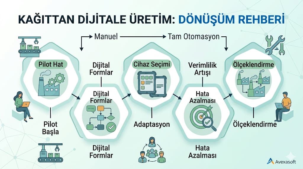 Üretimde kağıttan dijitale geçiş gerçek fabrika senaryoları iş emri vardiya raporu kalite kontrol formları
