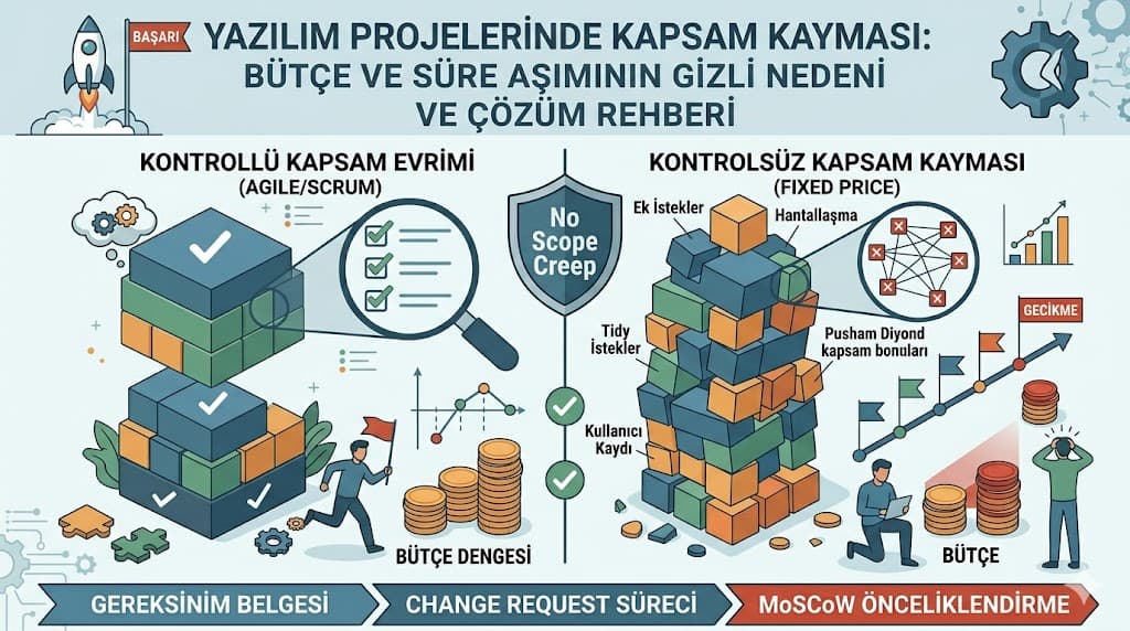 Yazılım projesinde kapsam kayması önleme yöntemleri şartname change request MoSCoW sözleşme